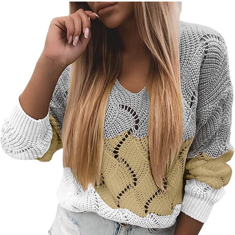 Summer Soft Crewneck Long Sleeve Hollow Cable Knit Pullover Sweaters